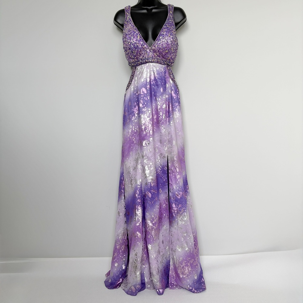 Vintage Maxi Dress Beaded Cutout Prom Gown Size 8 Purple Silver